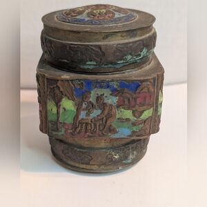 Vintage Brass Enamel Chinese Snuff Tea Tobacco Leaf Jar Box Cloisonne.